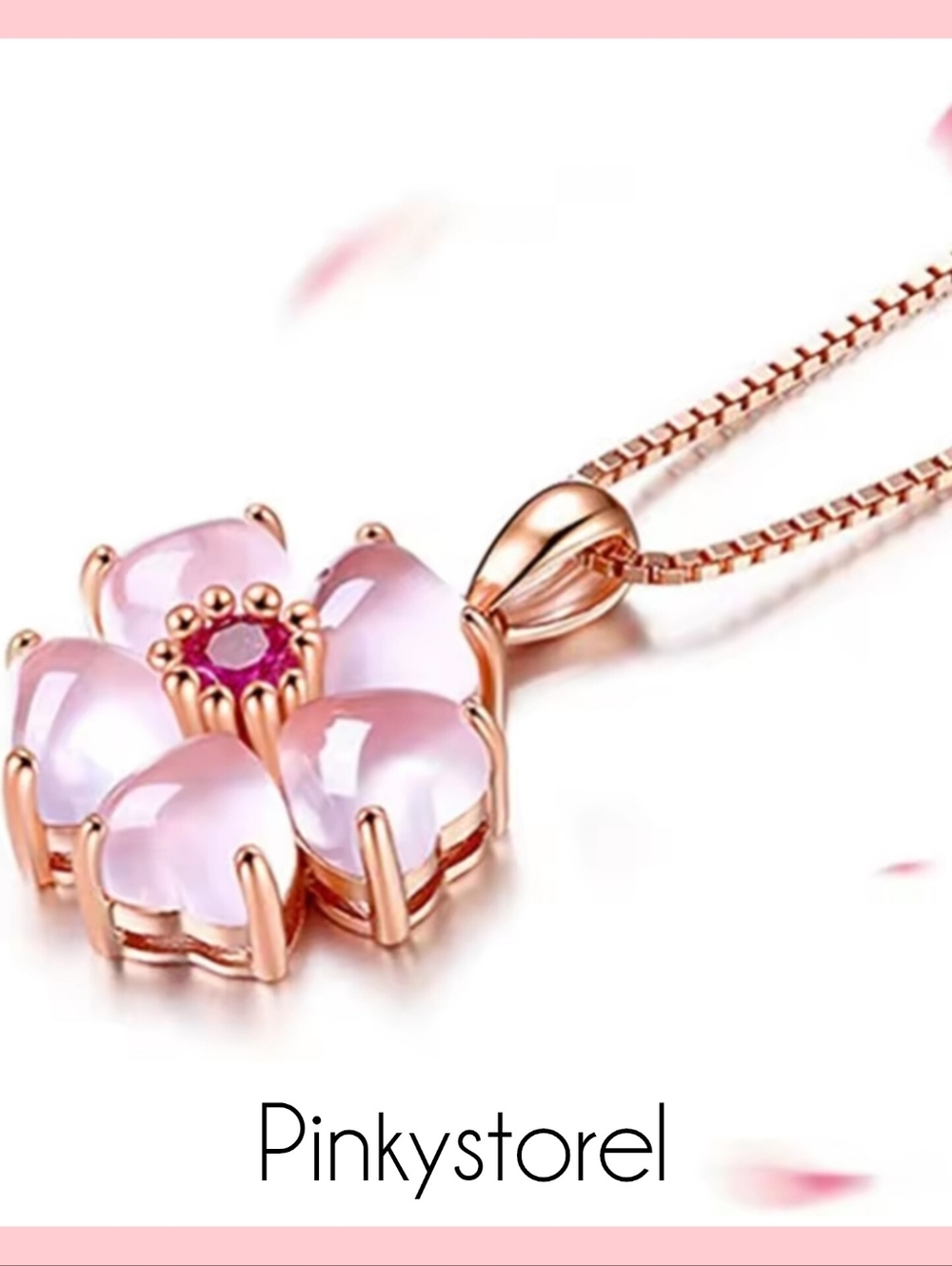 Rose Gold Pink Flower Pendant Necklace with Pink Center - Picture 7 of 7